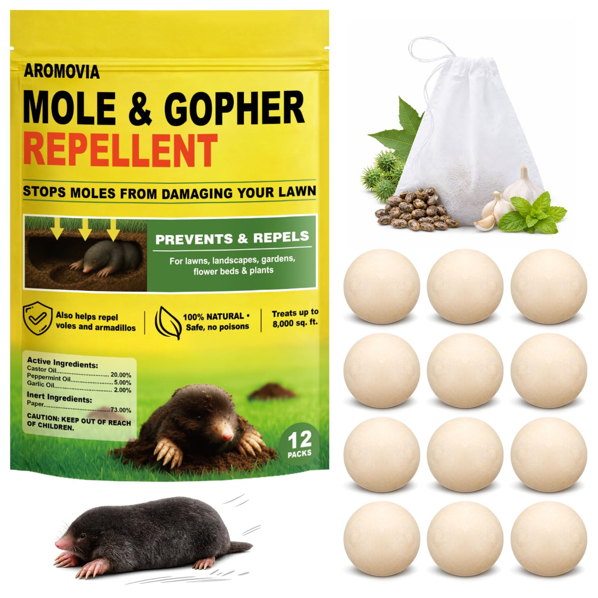 Aromovia mole repellent ball placed in a tunnel to deter burrowing