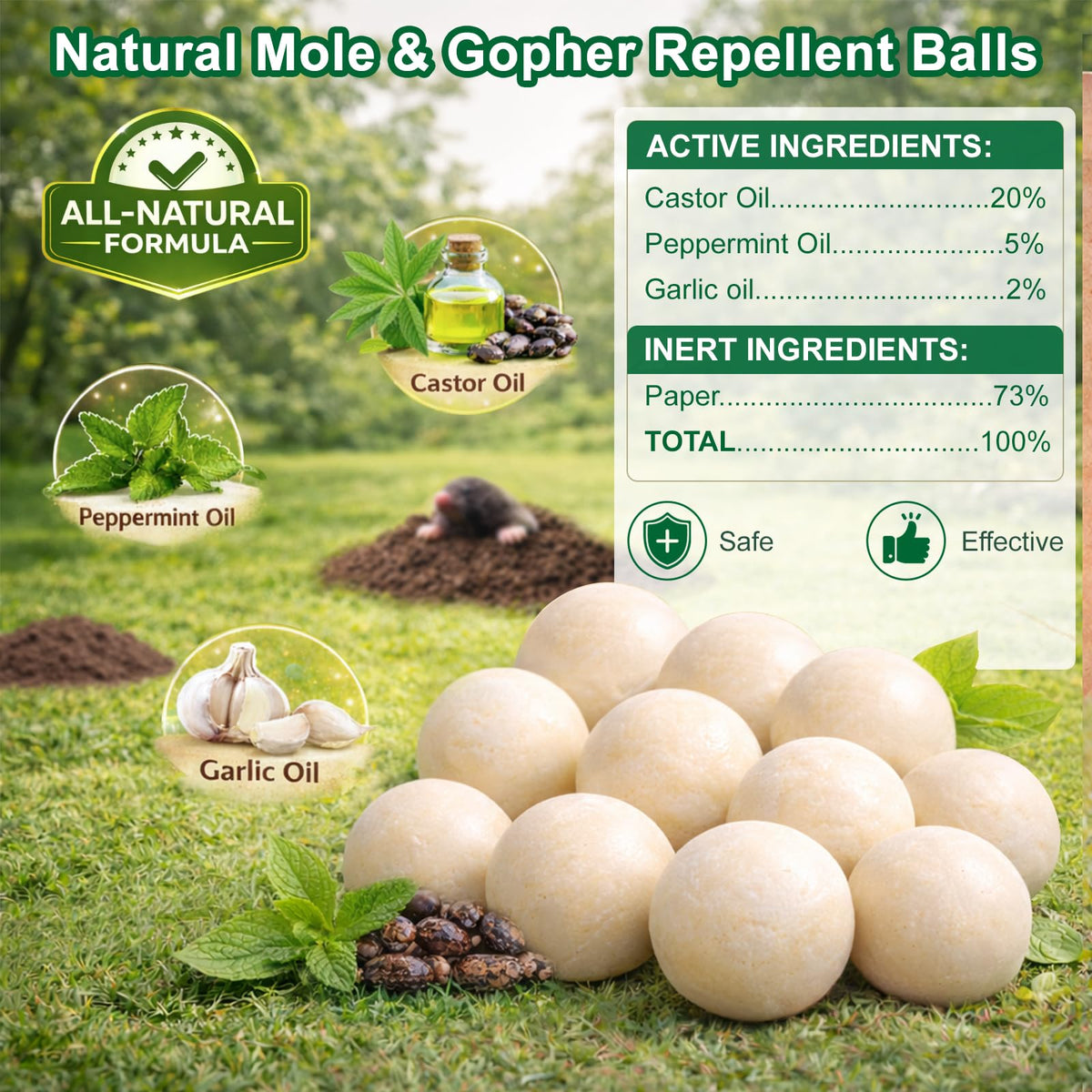 Aromovia mole repellent packaging shown for outdoor use, child- and pet-safe