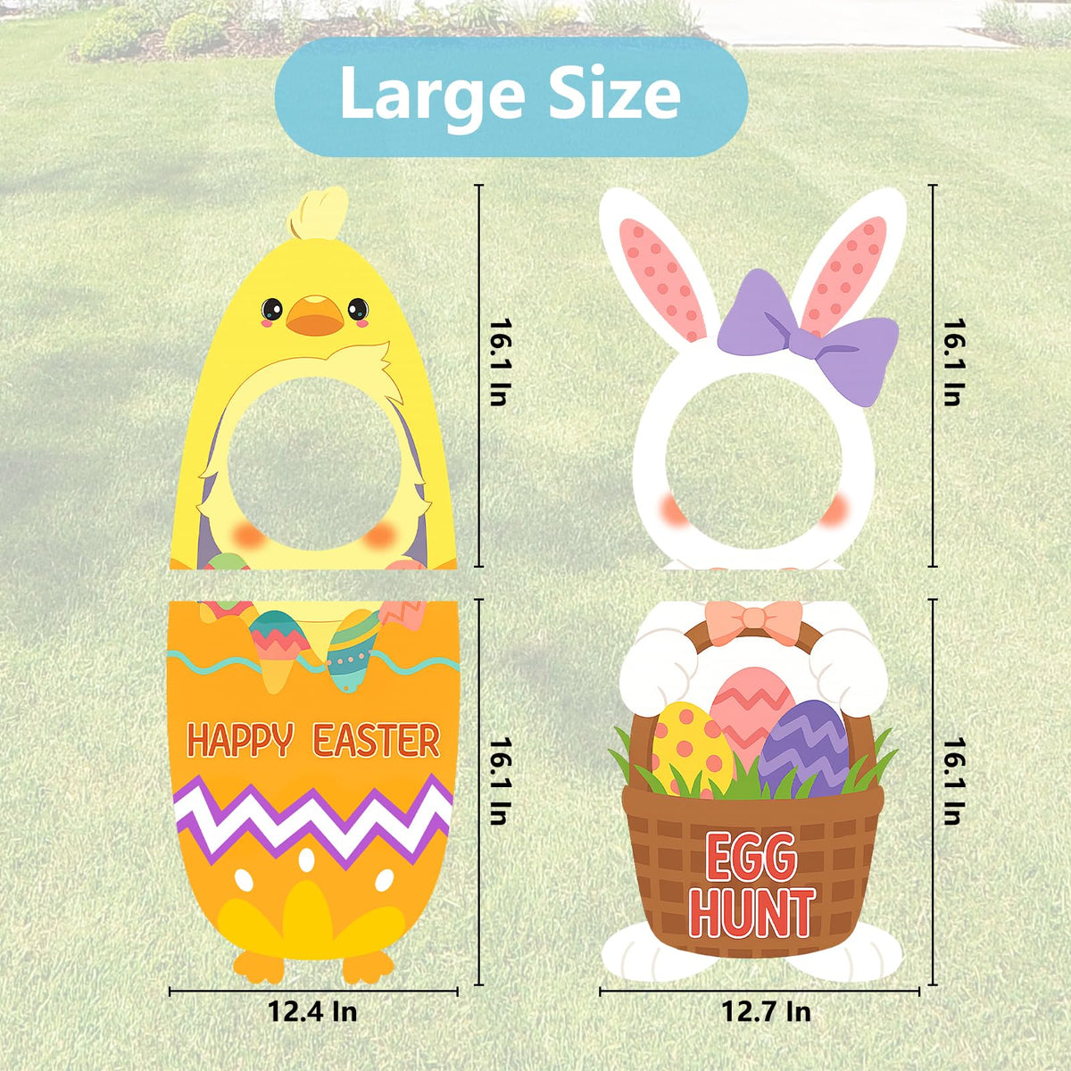 Arosche Easter bunny and chick design yard sign adds festive curb appeal.