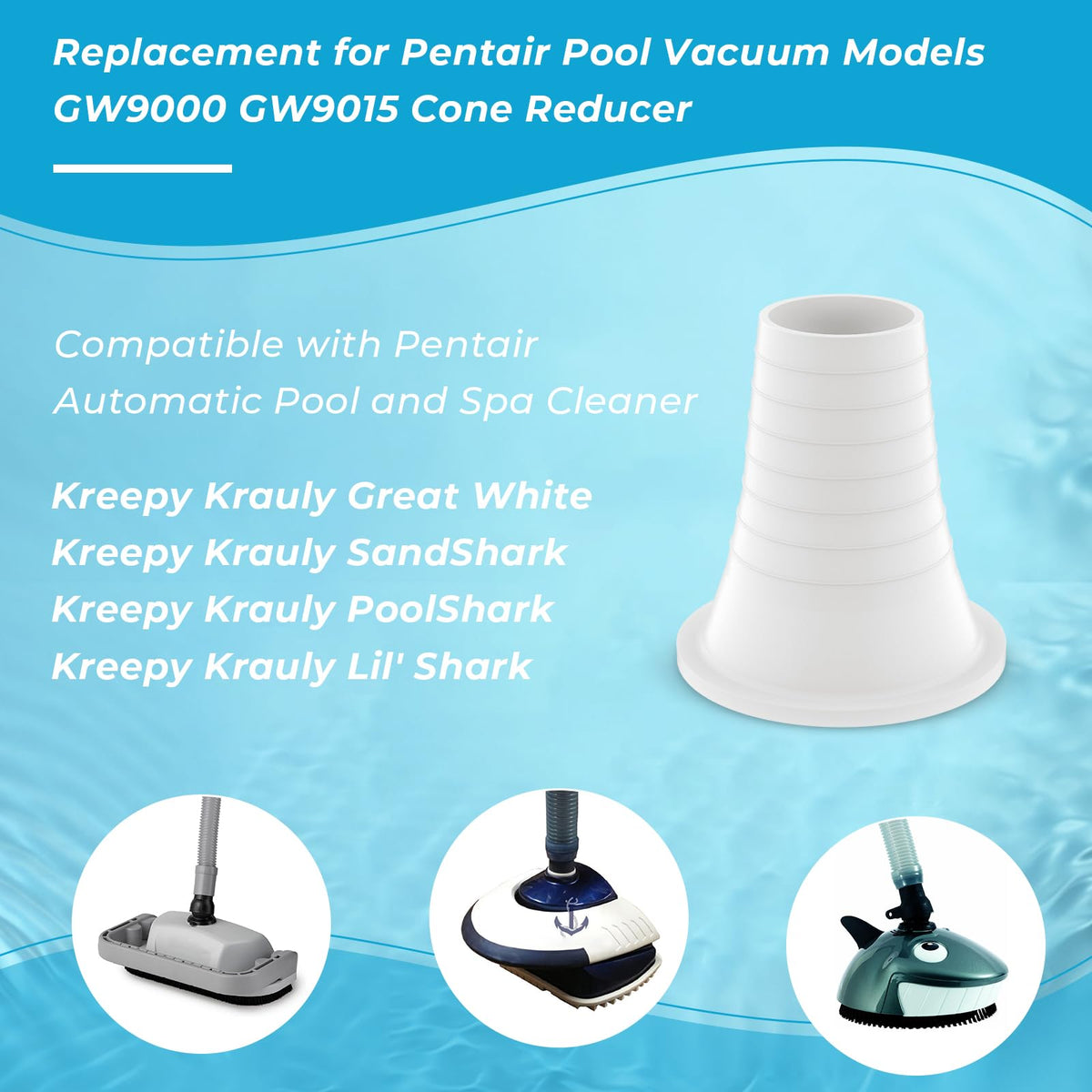 ArrogantF cone reducer shows Pentair Kreepy Krauly compatibility with various hoses.