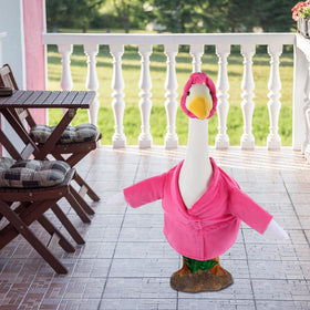Arrowbash garden goose statue display with pink outfit