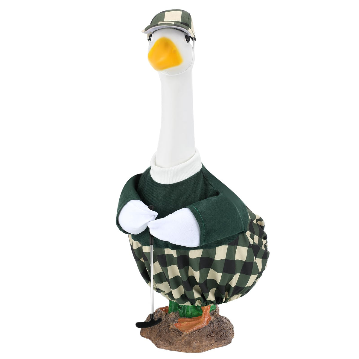 Arrowbash golfer goose outfit on a 23-inch statue adds playful curb appeal.