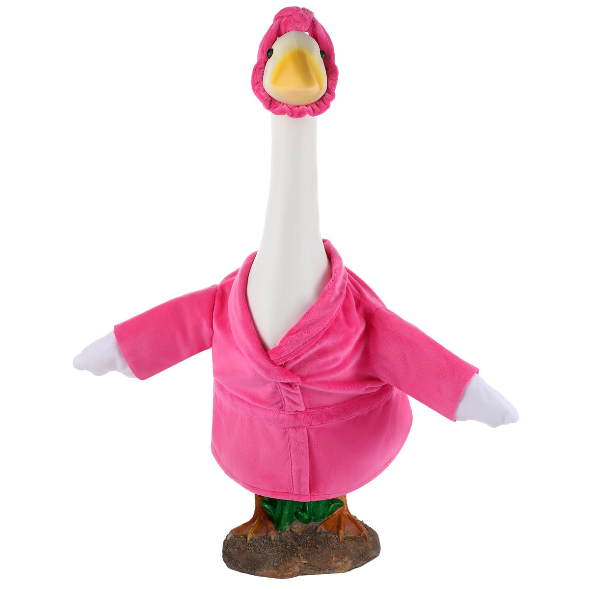 Arrowbash pink bathrobe on goose statue for playful garden decor