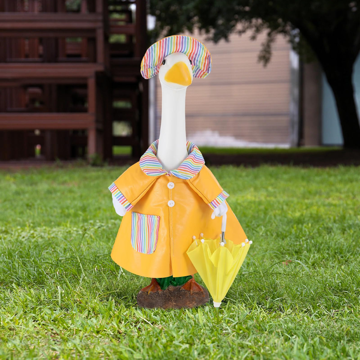 Arrowbash porch goose hat and umbrella pinned for secure weatherproofing