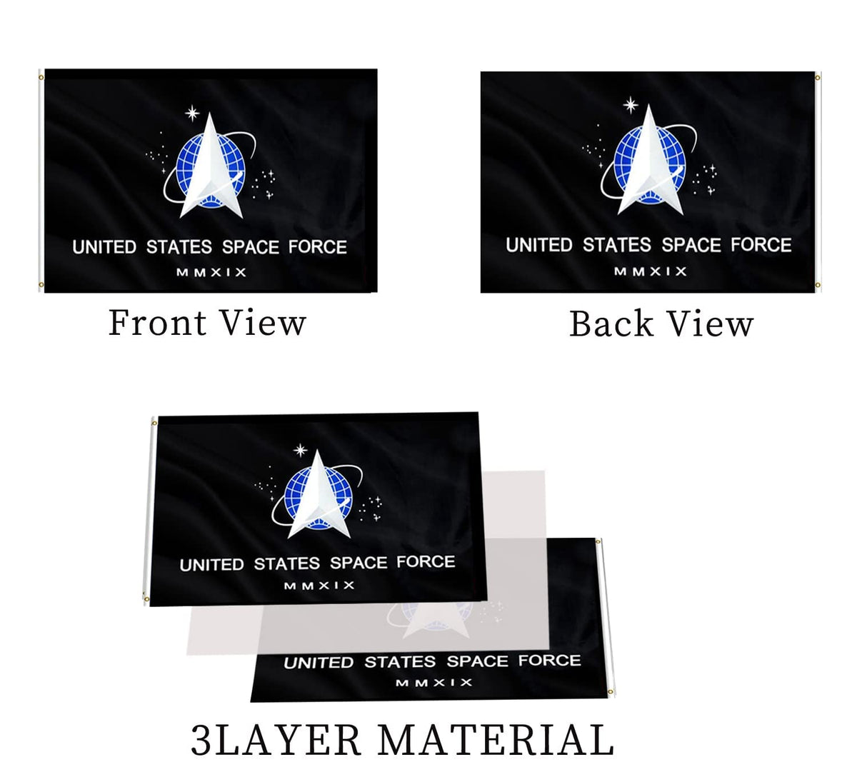 ARSOF Space Force flag heavy header supports windier outdoor conditions.