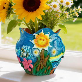 ArtCachet Sunflower Starry Sky pot in cobalt resin with golden sunflowers for stylish indoor decor.