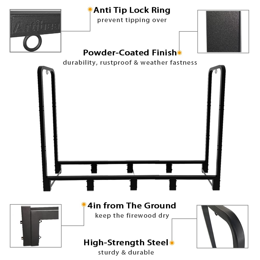 Artibear firewood rack tubular steel close-up emphasizes durable build and weather resistance.