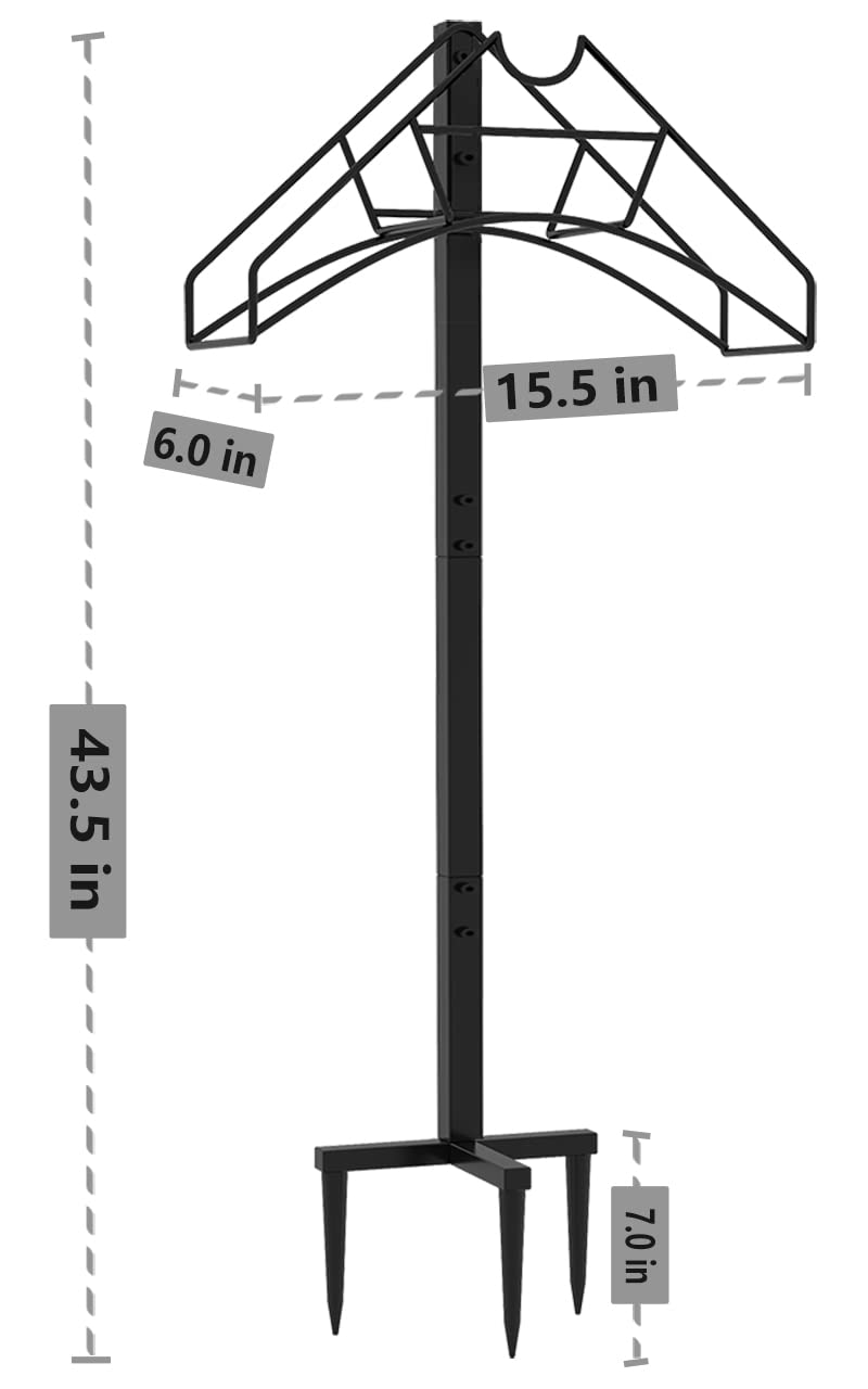 Artigarden hose holder stand in-use, supports long hoses neatly.