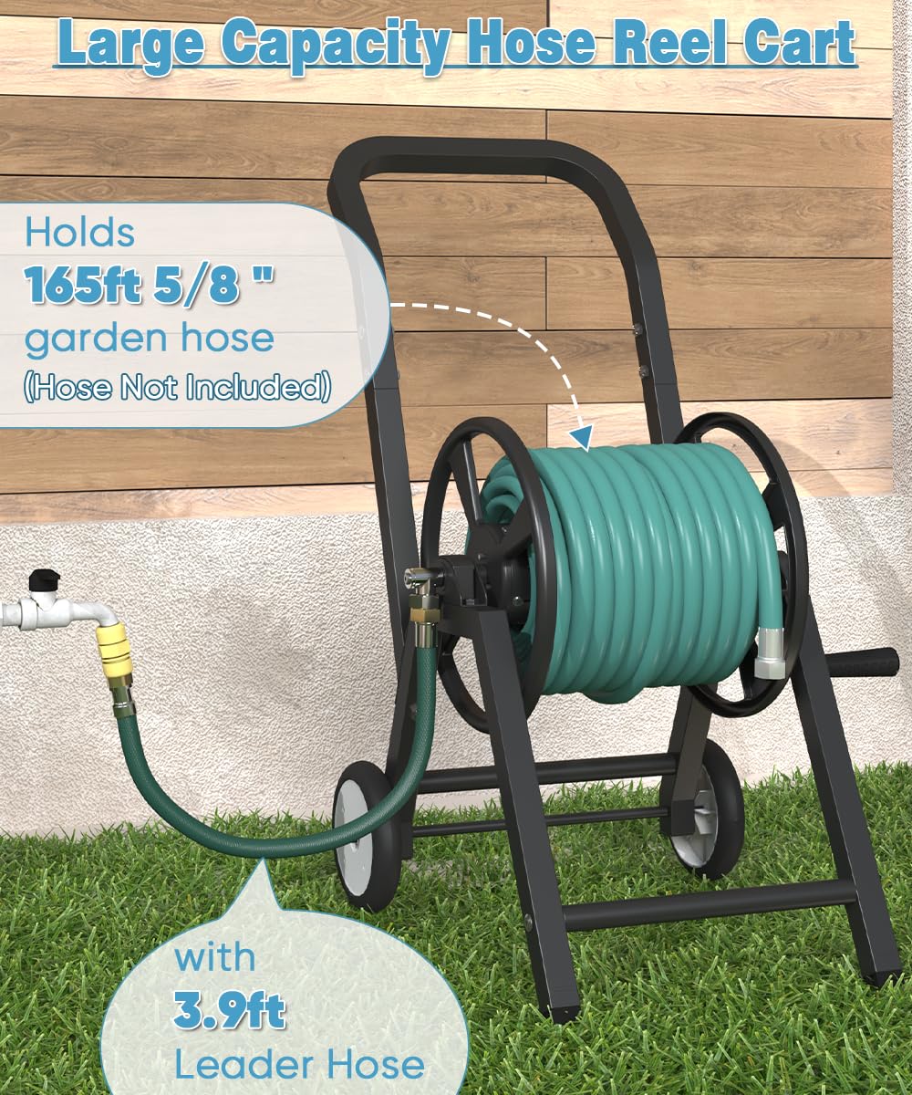 Artigarden hose reel shows 165 ft capacity for reaching distant garden areas.