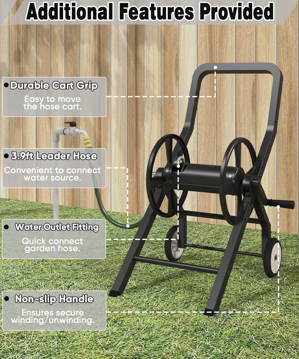 Artigarden hose reel cart with 3.9 ft leader hose enabling quick faucet connection