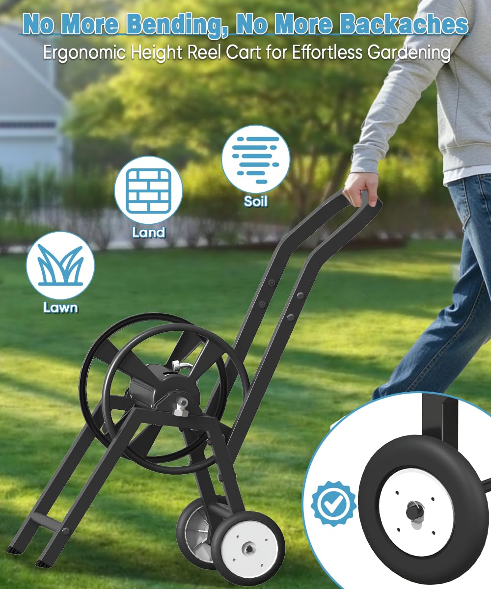 Artigarden hose reel with 3.9 ft leader hose and stainless fittings for quick hookup.