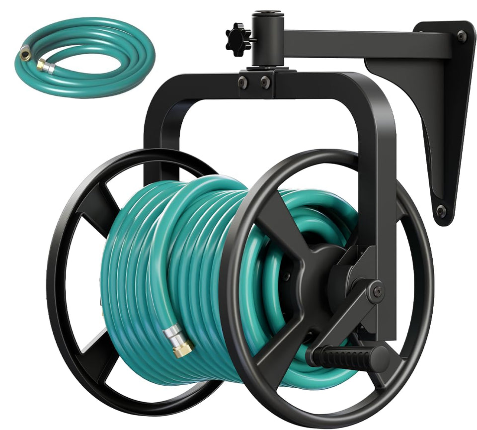 Artigarden rotating 360° wall mount hose reel on wall, saving space and reducing tangles.