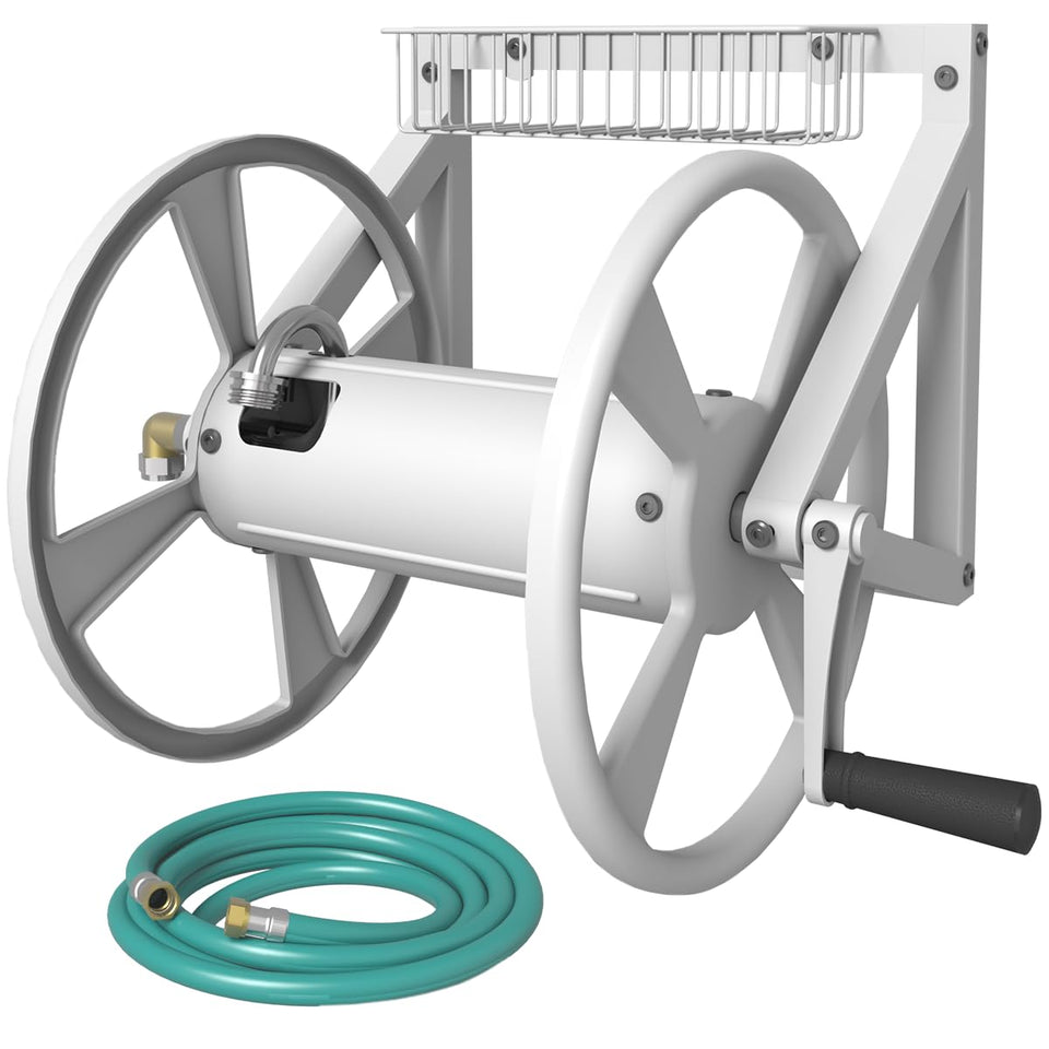 Artigarden triangle wall mounted hose reel for space-saving yard organization.