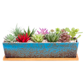 ARTKETTY 12-inch rectangle blue succulent pot for modern home decor and easy planting.