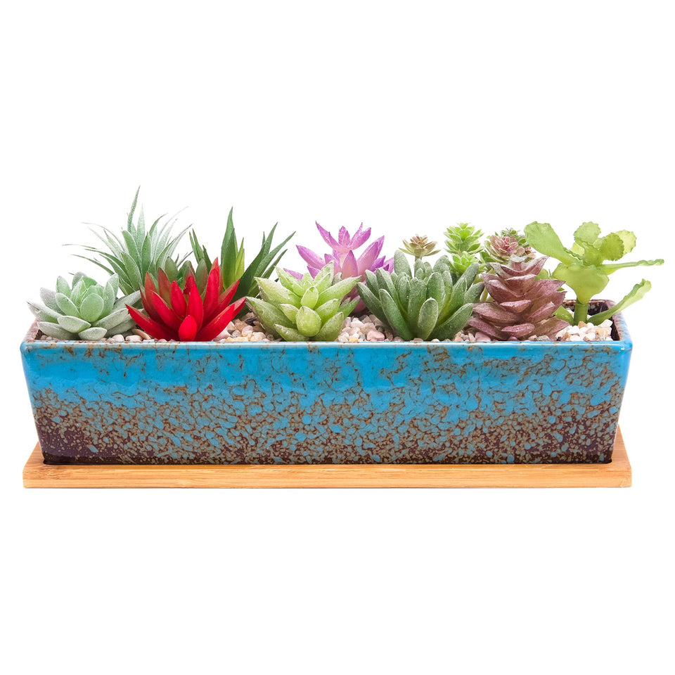 ARTKETTY 12-inch rectangle blue succulent pot for modern home decor and easy planting.
