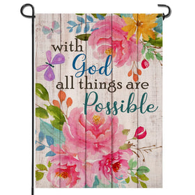 Artofy God all Things are Possible flag with vibrant peony design for outdoor display.