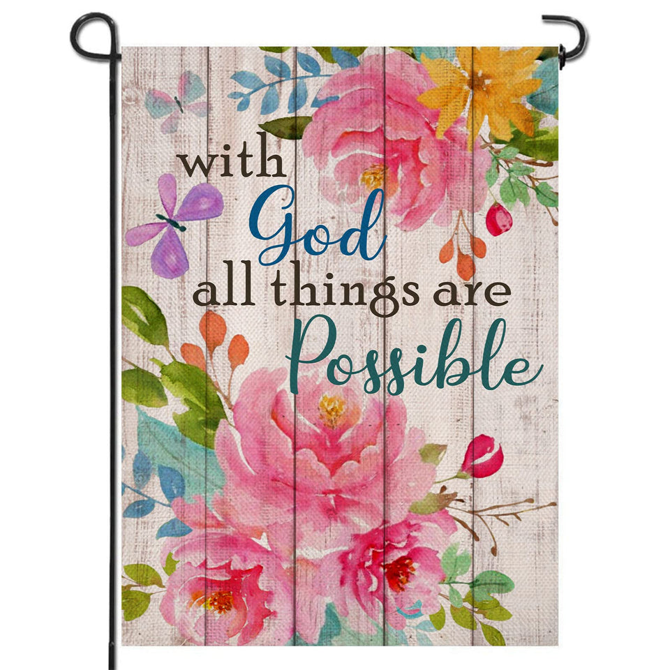 Artofy God all Things are Possible flag with vibrant peony design for outdoor display.