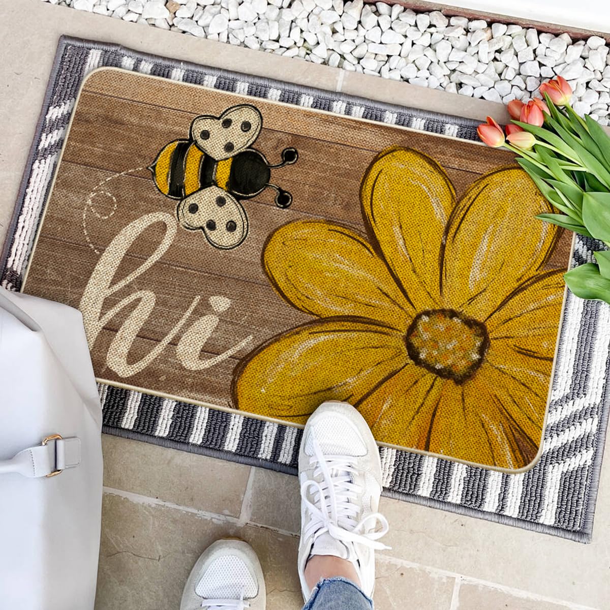 Artoid Mode Bee Daisy Hi Spring Doormat at entryway highlighting durable build