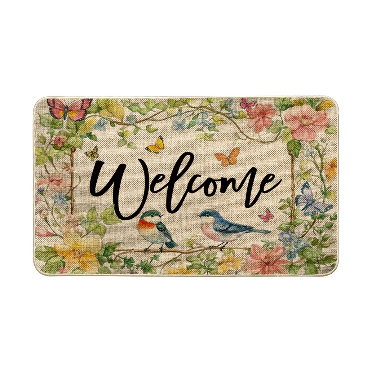 Artoid Mode Bird Flowers doormat with spring design welcoming guests at entry.