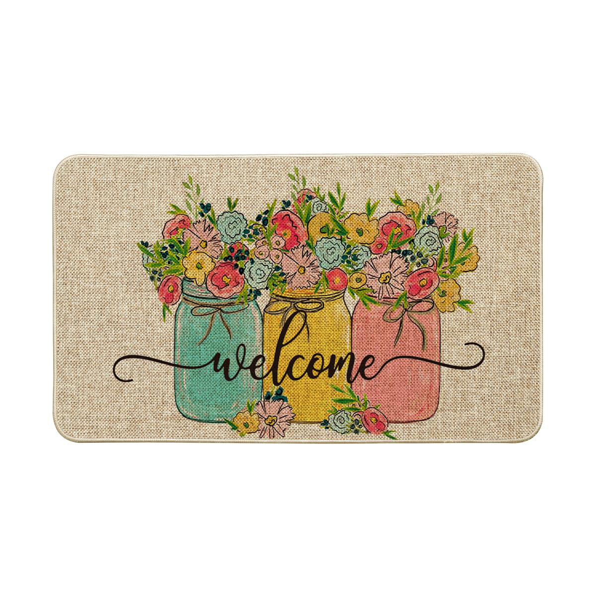 Artoid Mode Hello Spring doormat closeup with vibrant pattern and durable backing