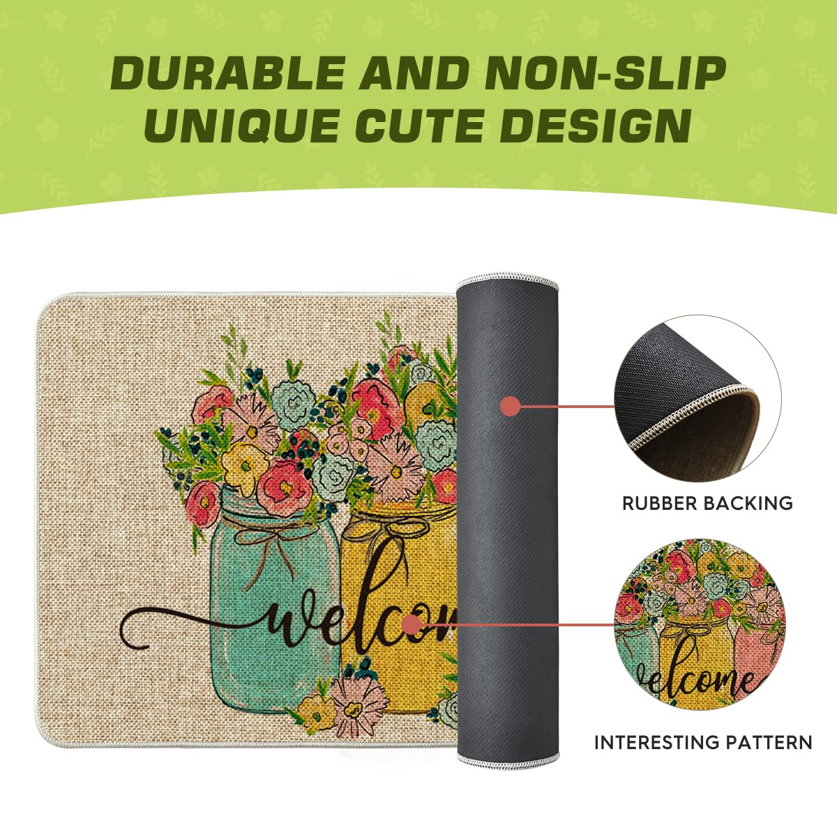 Artoid Mode Hello Spring doormat in indoor corner setting for versatile placement
