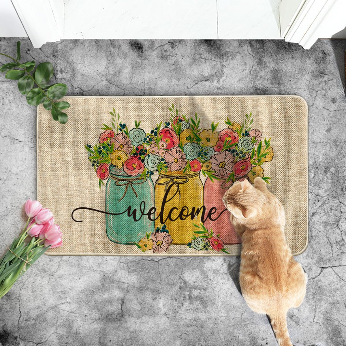Artoid Mode Hello Spring doormat in outdoor scene demonstrating low-profile height