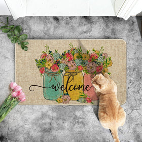 Artoid Mode Hello Spring doormat in outdoor scene demonstrating low-profile height