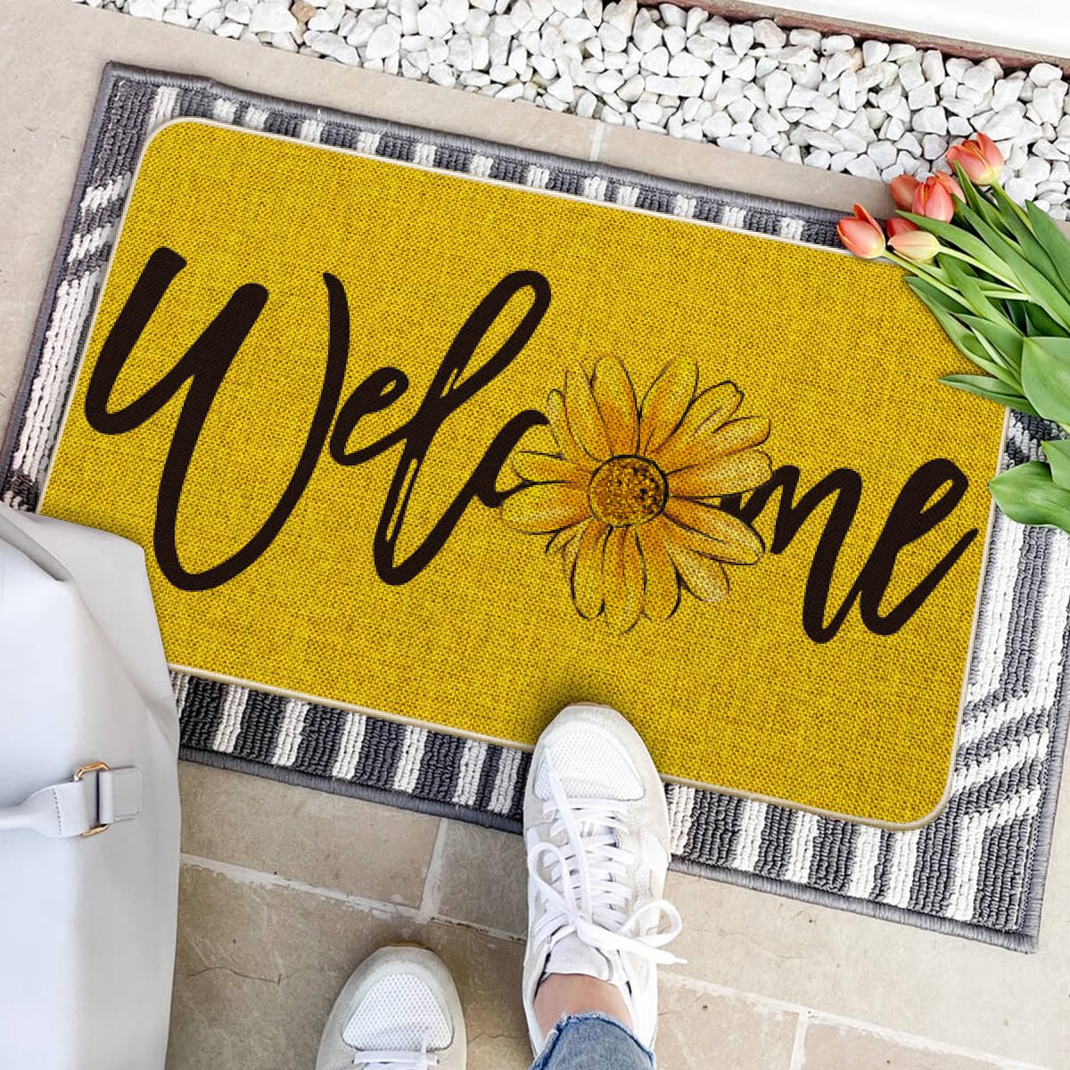 Artoid Mode indoor-outdoor door mat with sunflower pattern