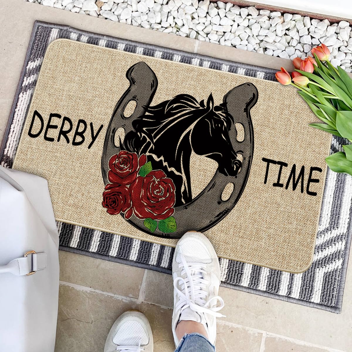 Artoid Mode Roses Horseshoe Derby Time doormat outdoor use shows durable, non-slip backing in action.