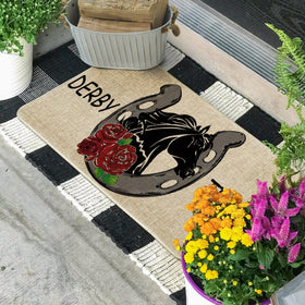Artoid Mode doormat pattern closeup highlights a playful horse racing motif for curb appeal.