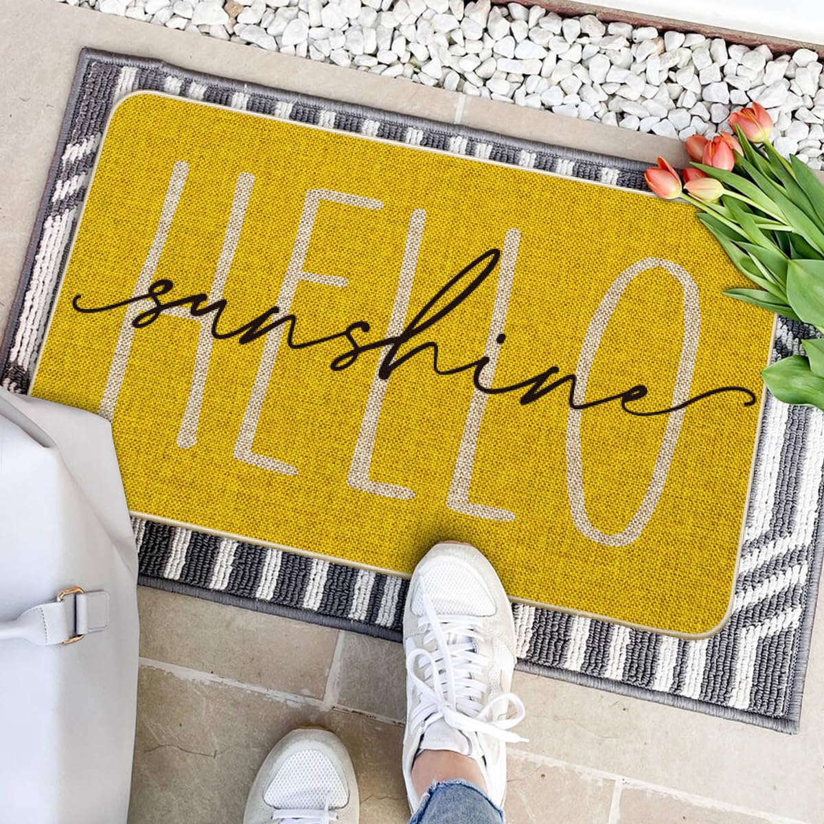 Artoid Mode Yellow Hello Sunshine doormat outdoor usage fits porch and balcony for daily use.