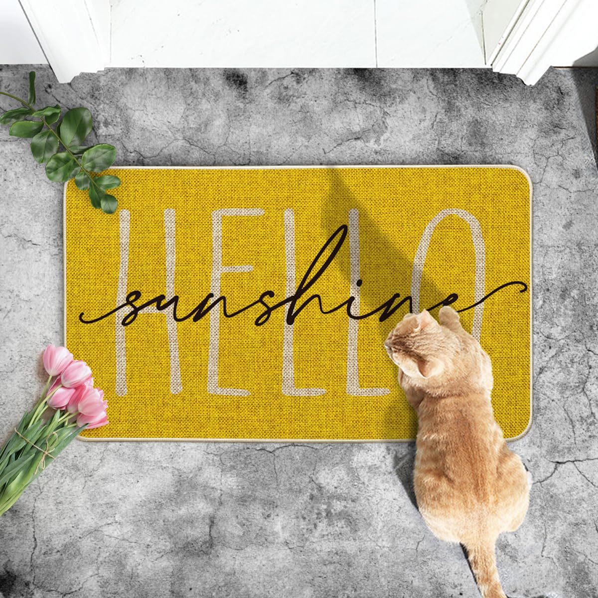 Artoid Mode Yellow Hello Sunshine doormat pattern detail showcases cheerful seasonal design.