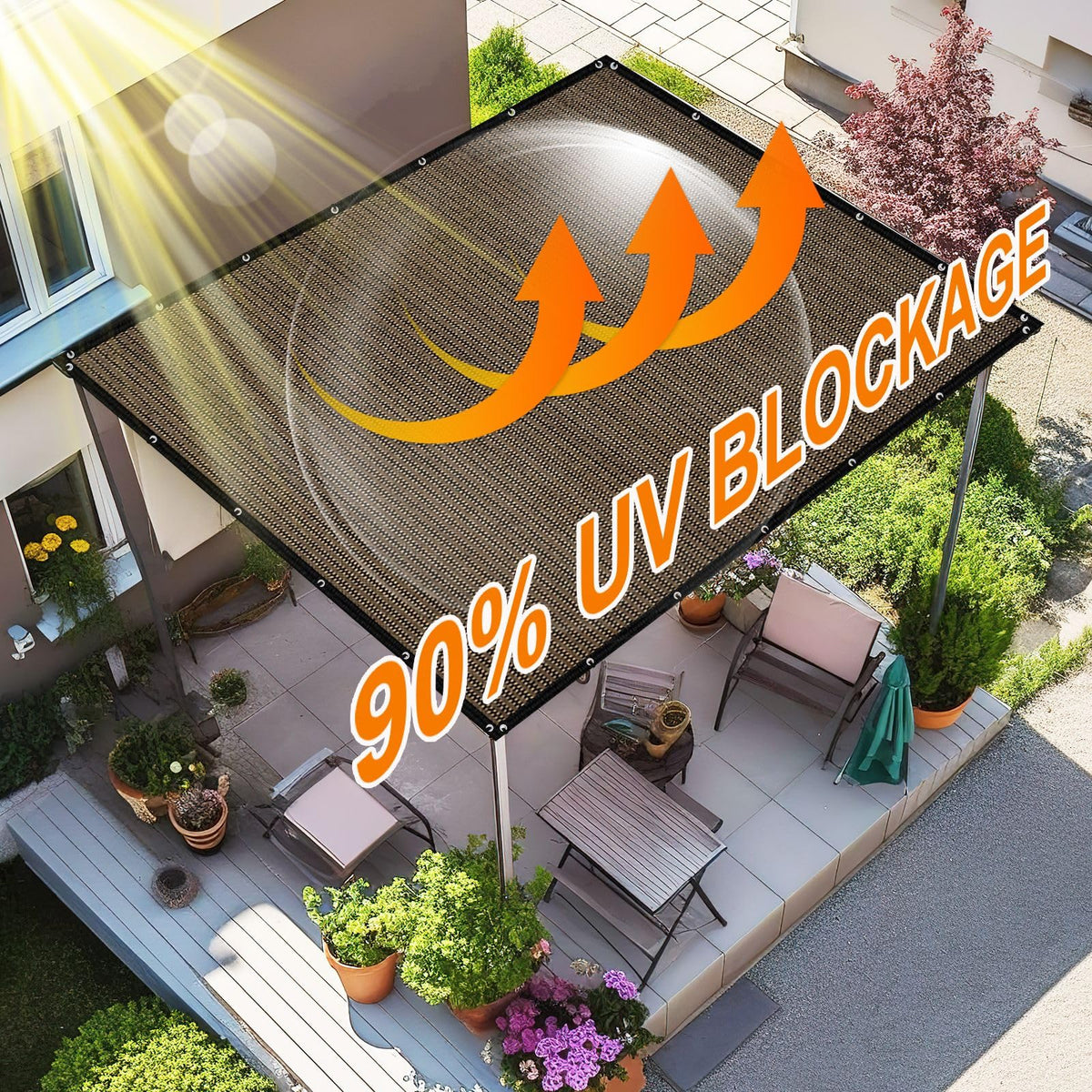 Artpuch UV-blocking shade fabric reducing glare under a bright canopy.