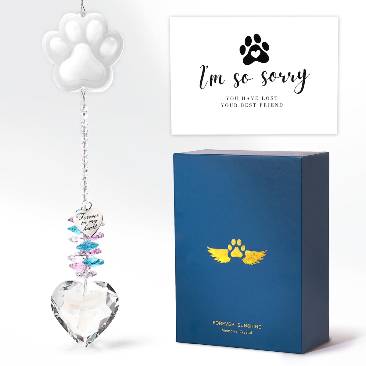 ARUN dog memorial suncatcher in clear glass heart glows softly in daylight