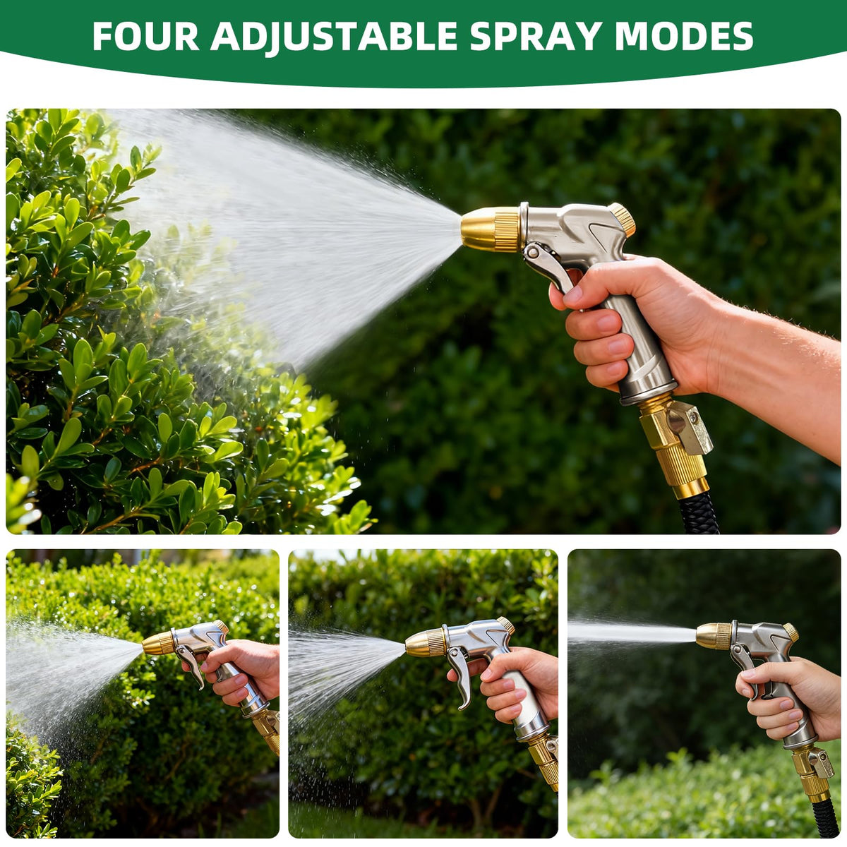 ARXIVE garden hose nozzle with cone spray for thorough plant irrigation.