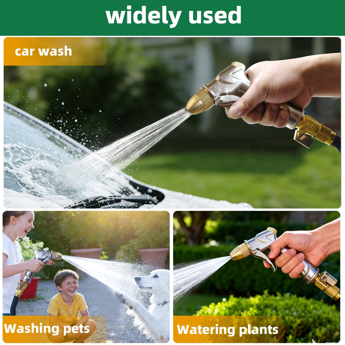 ARXIVE garden hose nozzle with heavy-duty metal construction, universal 3/4-inch fit.