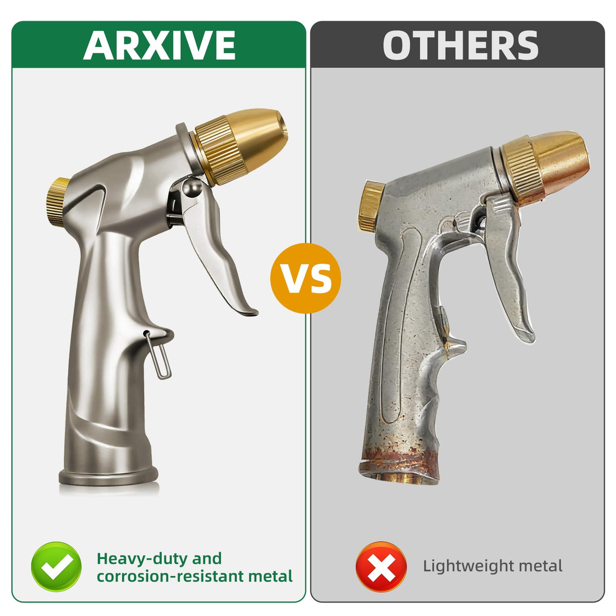 ARXIVE garden hose nozzle with leak-proof seal for drip-free connections.