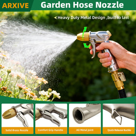 ARXIVE garden hose nozzle with shower spray delivers even lawn coverage.