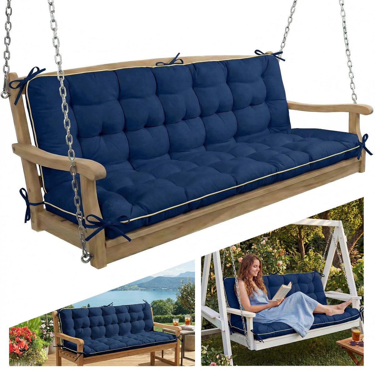 AS AWESLING blue swing cushion front view showing size and color for outdoor use