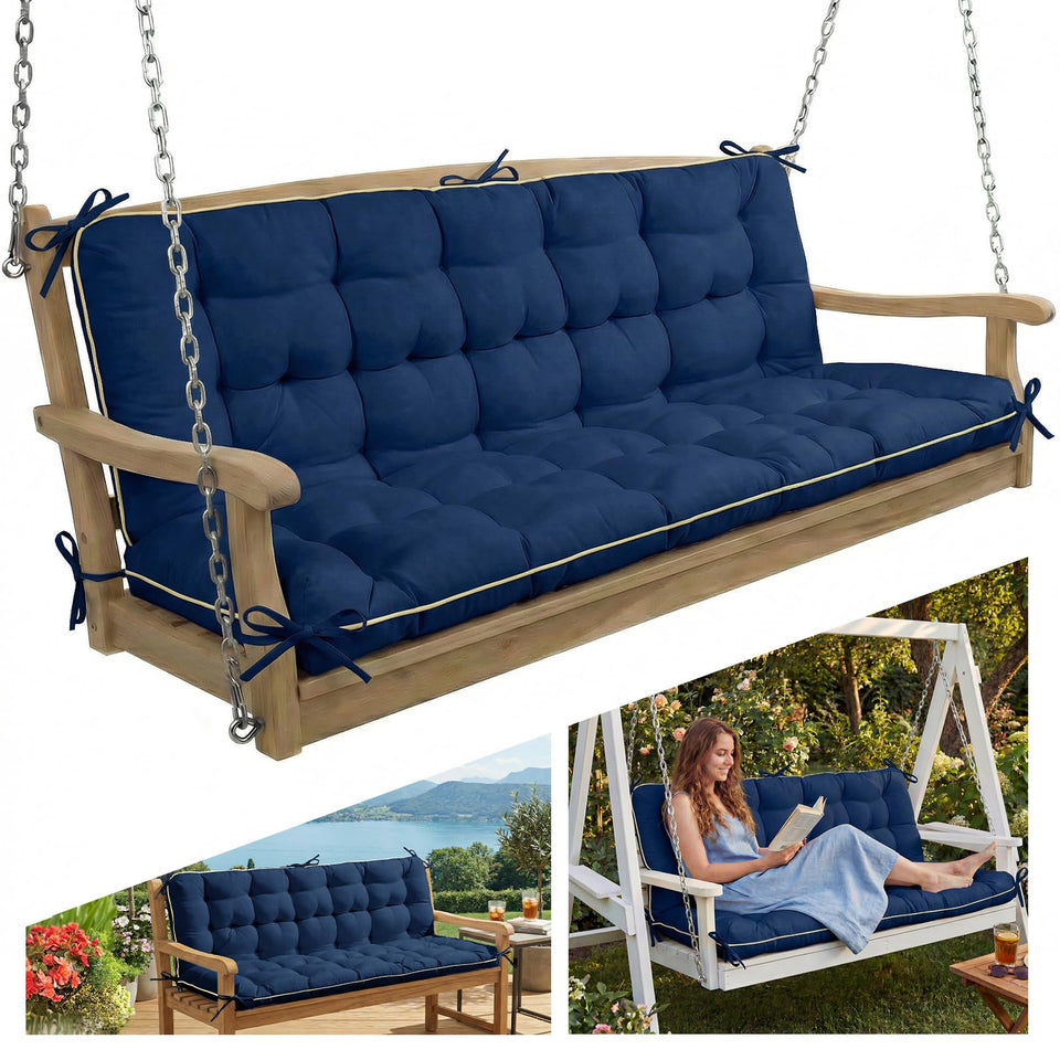 AS AWESLING blue swing cushion front view showing size and color for outdoor use