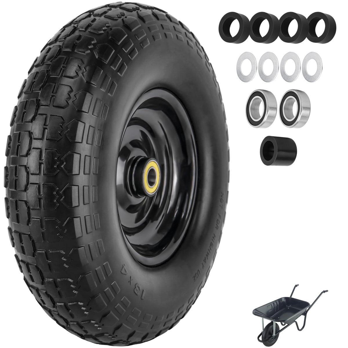 ASDFGHT flat-free tire 13x3.5in enhances wheelbarrow stability on uneven terrain