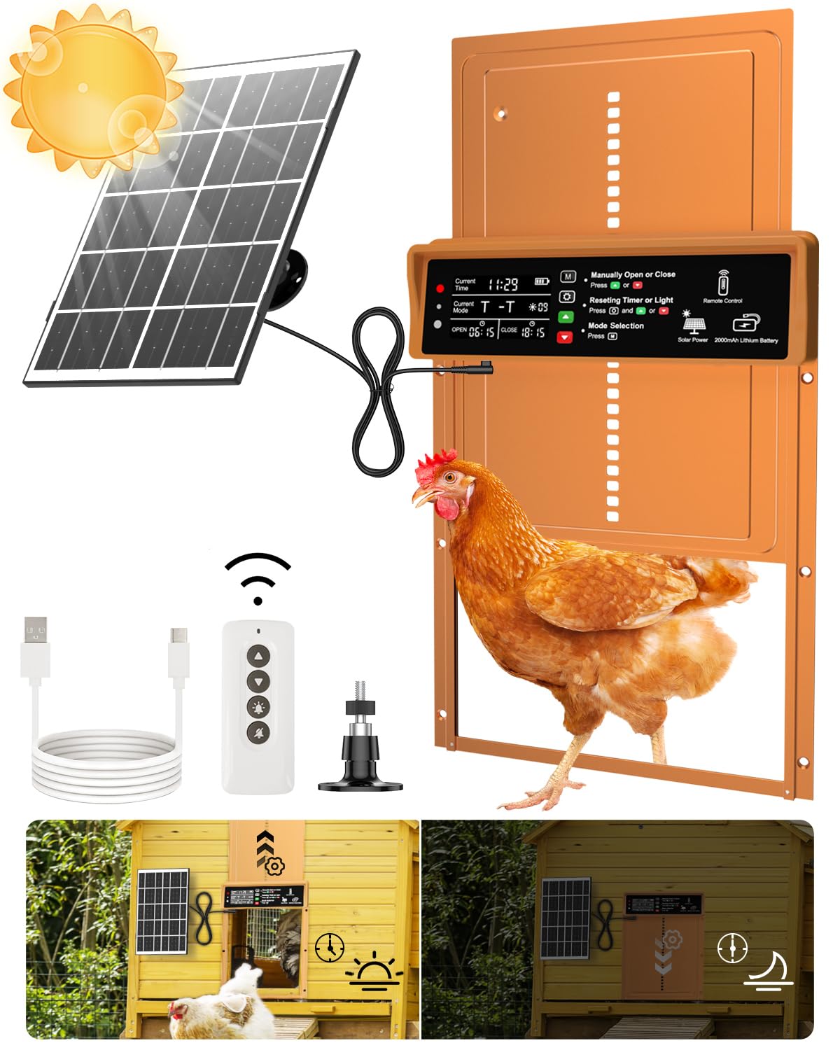 AsFrost automatic chicken door with solar panel powers daytime coop access.