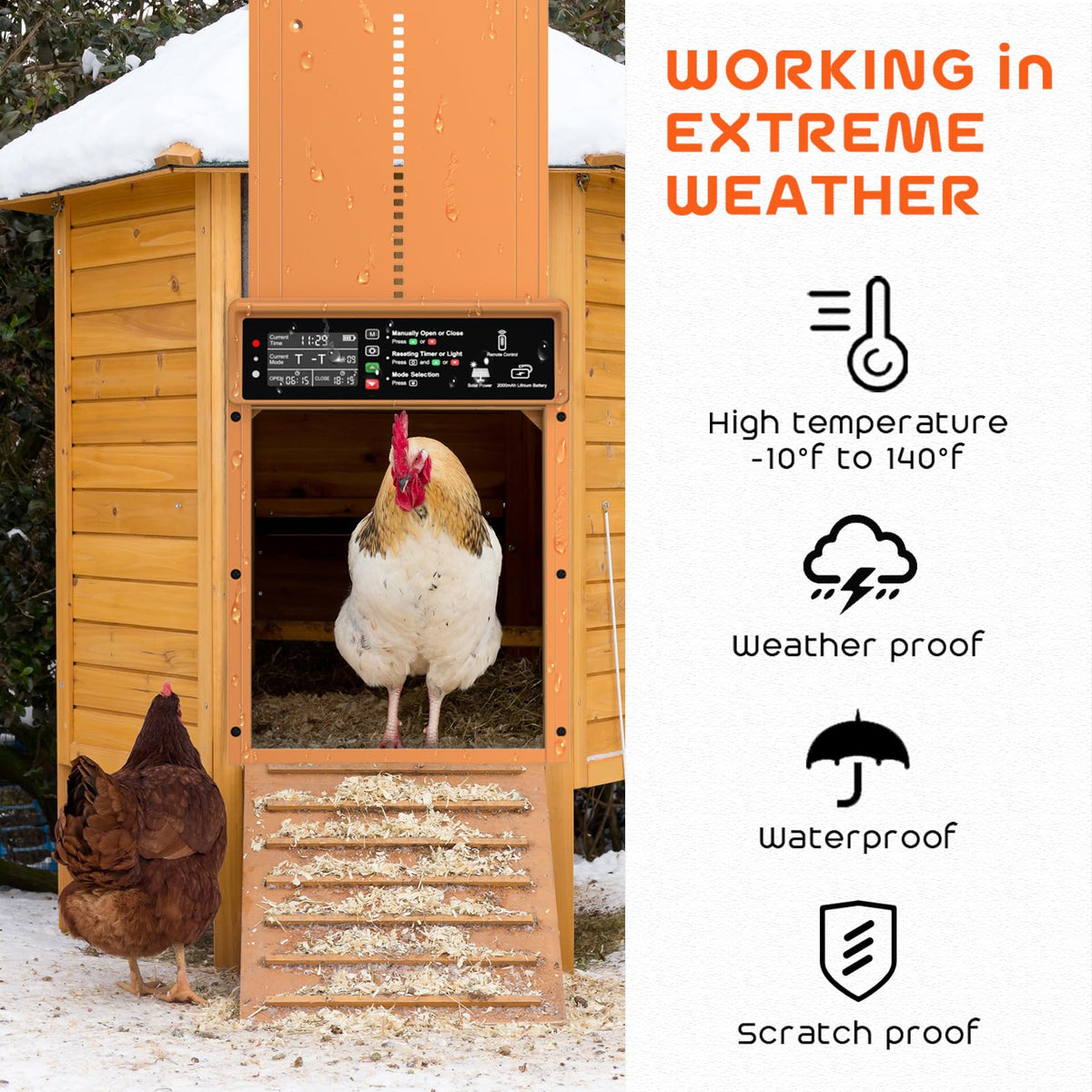AsFrost weatherproof aluminum and ABS coop door withstands snow and rain.
