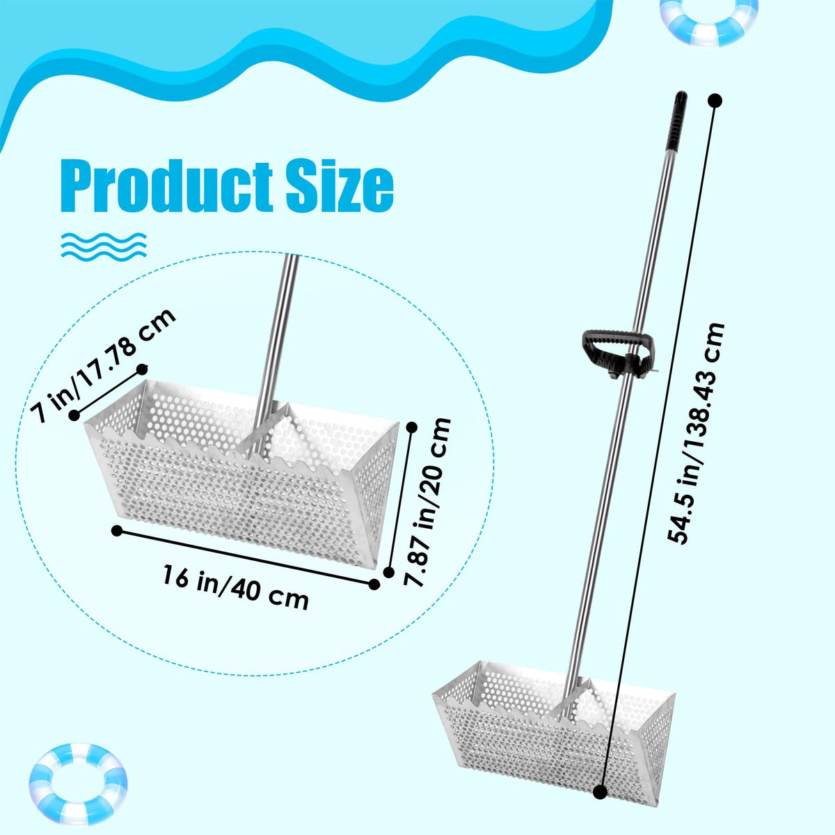 AshKiz Sand Flea Rake showing the 51-inch detachable handle for extended reach on sand.