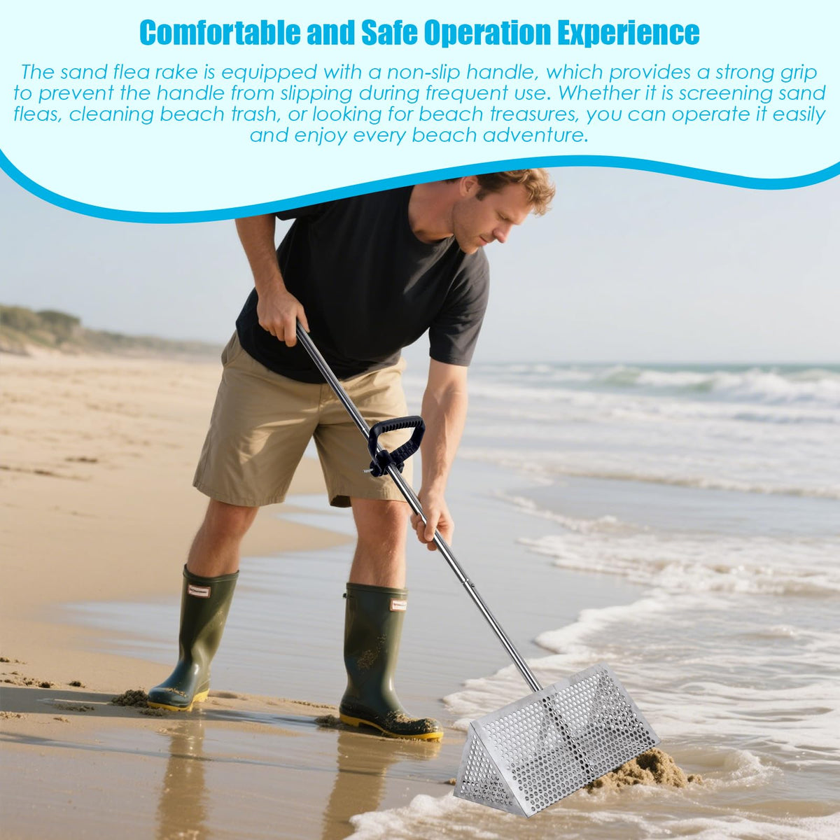 AshKiz Sand Flea Rake with rust-resistant finish suitable for coastal conditions.