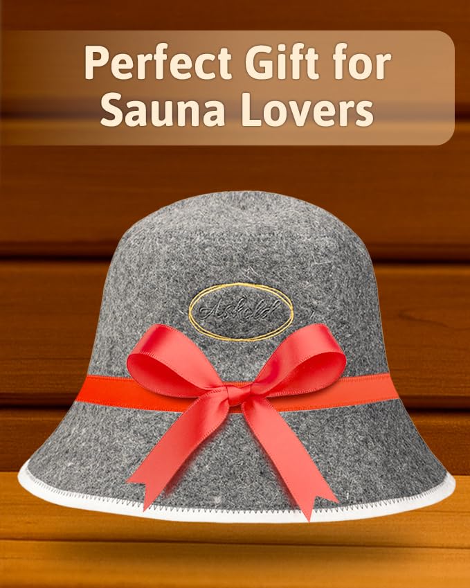 ASKOLD sauna hat gray dimensions image helps confirm fit for most users.