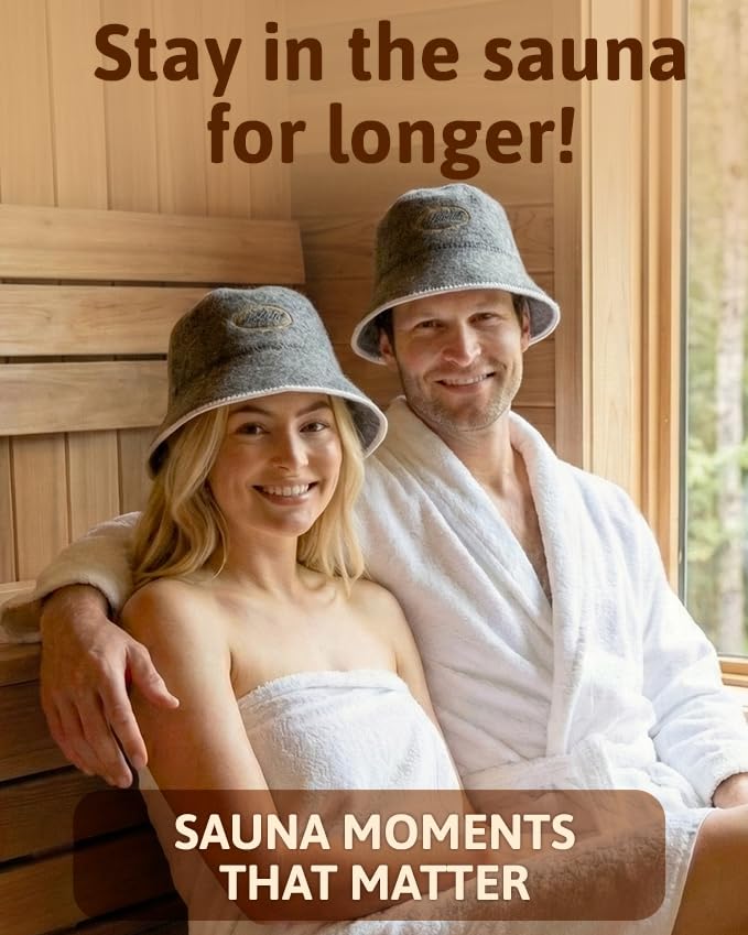 ASKOLD sauna hat gray on-head view demonstrates comfortable fit.