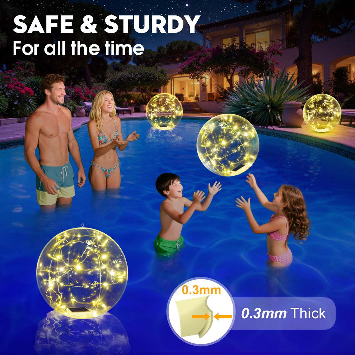 Askyli IP68 waterproof pool ball shines reliably after sunset.