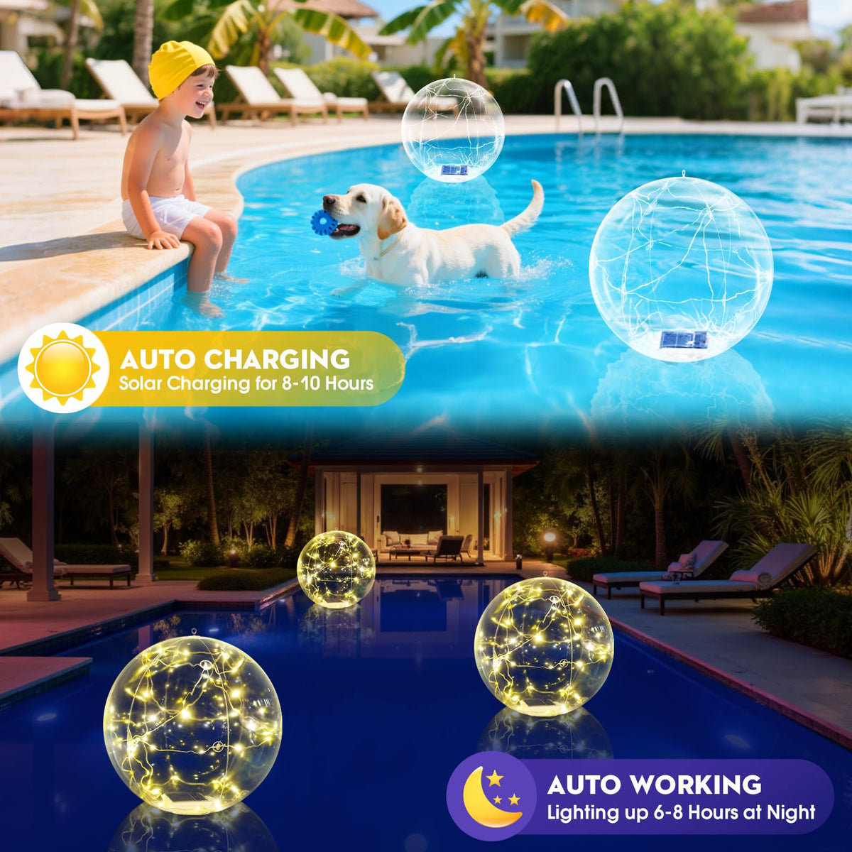 Askyli solar pool light hanging from a tree enhances garden evenings.