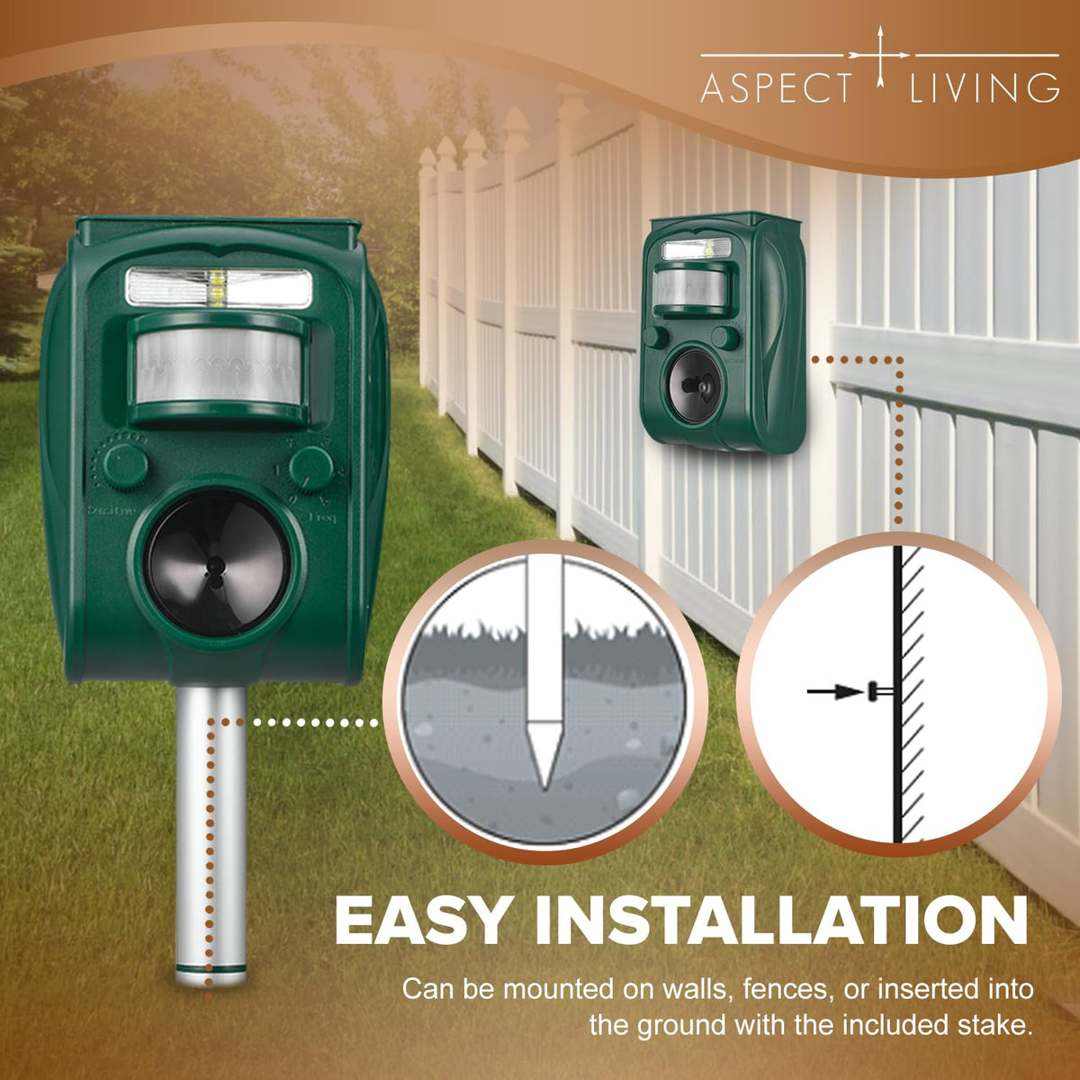 Aspect Living Solar Ultrasonic Repellent easy stake installation for yard setup